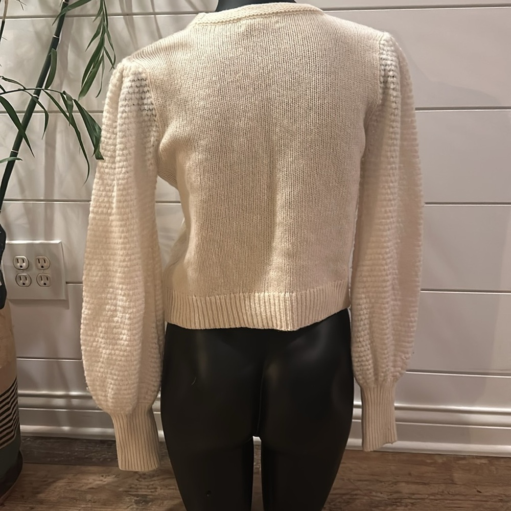 Anthropologie Elizabeth Pointelle Lambswool Alpaca Puffed Sleeve Sweater S L7 - Picture 5 of 7